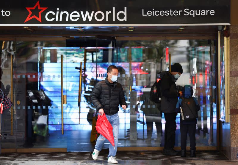 People are seen at a Cineworld in Leicester’s Square in London