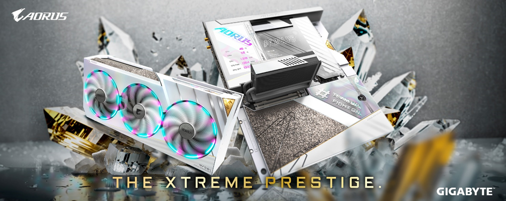  PR image of Gigabyte Aorus Xtreme Prestige Limited Edition Graphics Card and Motherboard combo. 