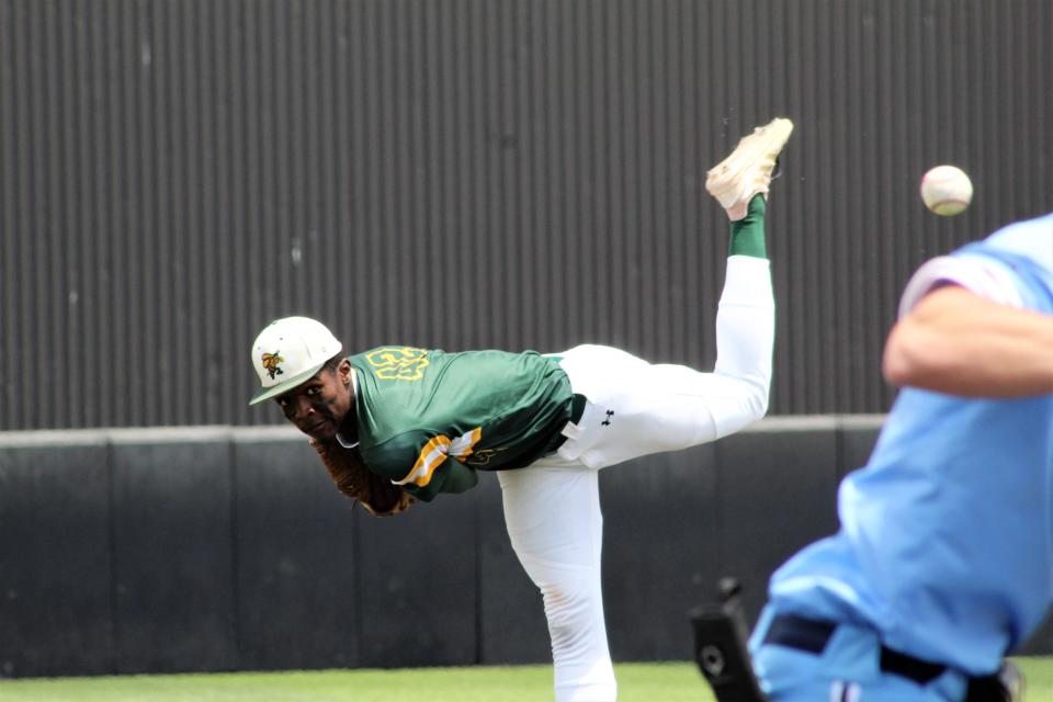 Braxton Vail of Pueblo County tosses a pitch against Riverdale Ridge in the first game of the CHSAA Class 4A state baseball tournament held at UCCS on May 26, 2023.