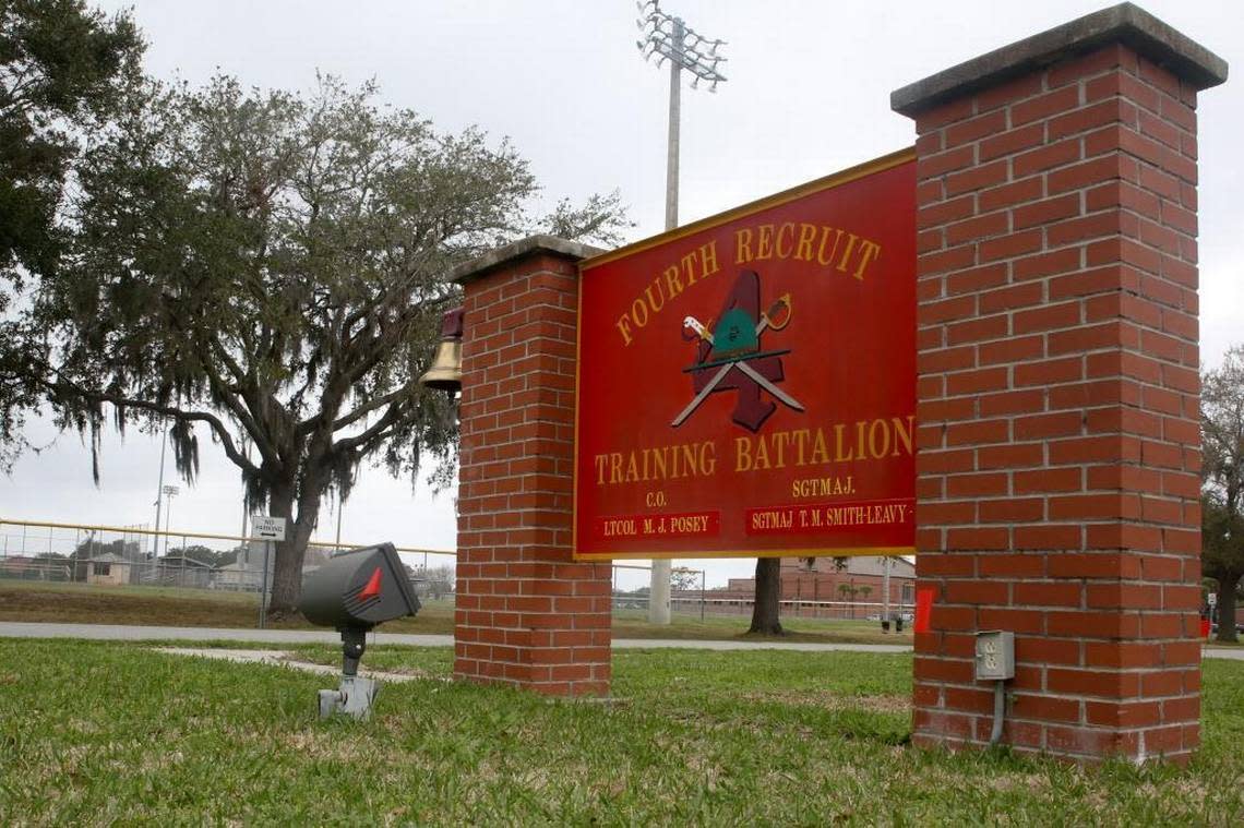 A file photo shows a sign for the 4th Recruit Training Battalion on the Marine Corps Parris Island Recruit Depot.