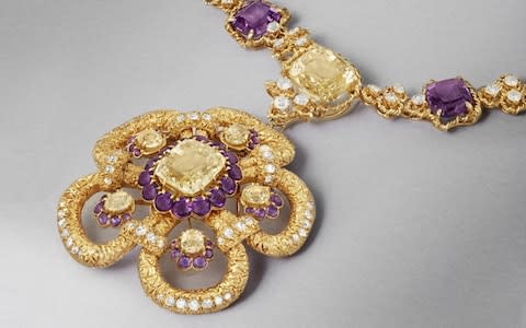 Yellow gold, pink gold, white gold, yellow sapphire, amethyst and diamond necklace with detachable clip, signed Van Cleef & Arpels, New York, 1965