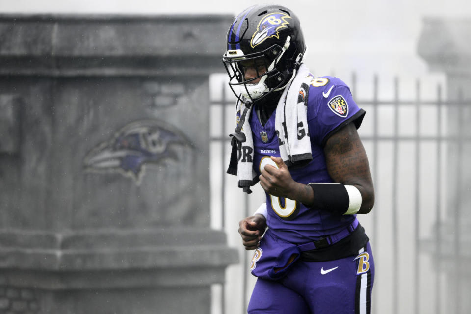 Baltimore Ravens quarterback Lamar Jackson (8) takes to the field before an NFL football game against the Los Angeles Rams, Sunday, Dec. 10, 2023, in Baltimore. (AP Photo/Nick Wass)