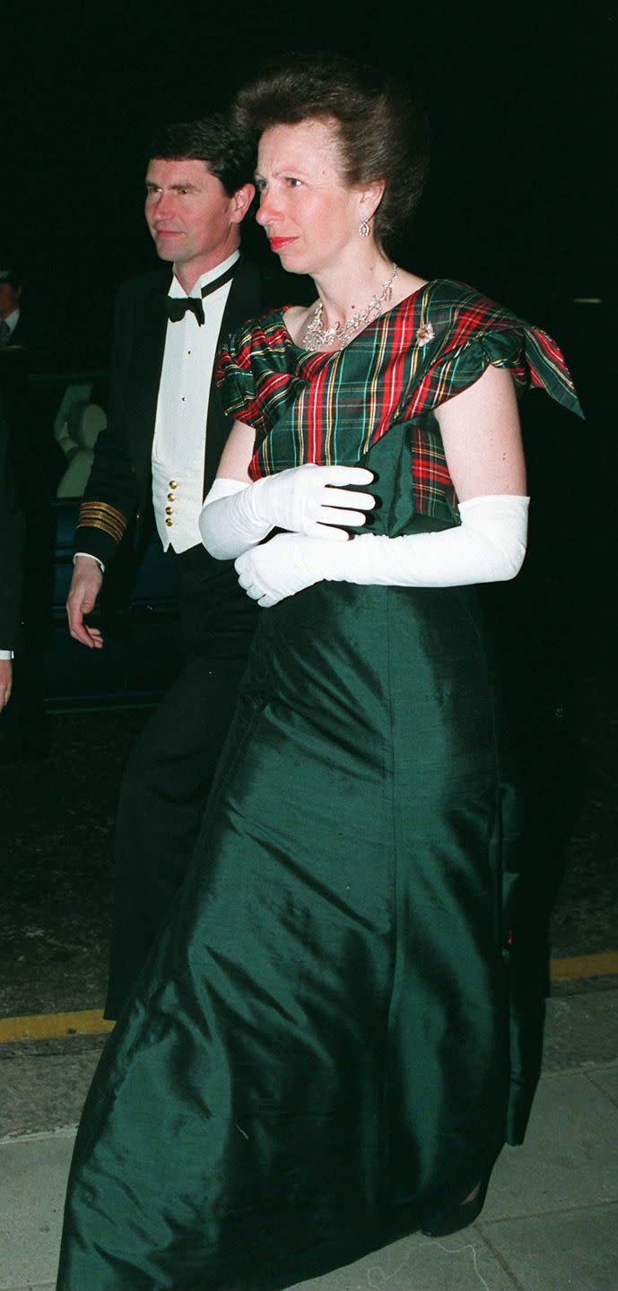 <p>In 1995, Anne wore this festive gown with plaid detailing to the Royal Caledonian Ball at the Grosvenor House Hotel in London.</p>