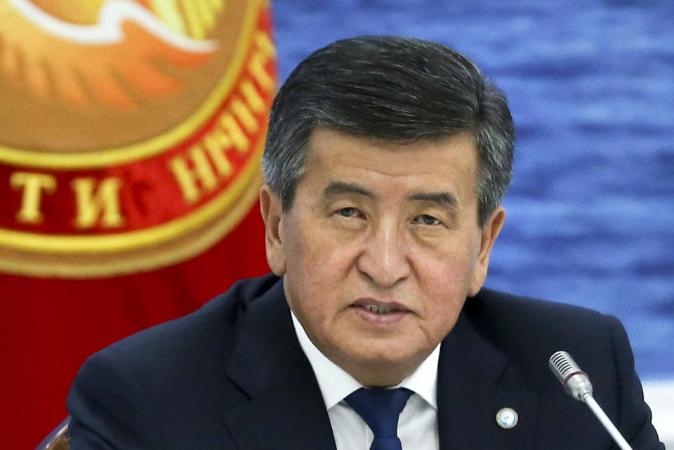 FILE In this file photo taken on Friday, Aug. 9, 2019, Kyrgyzstan's President Sooronbai Jeenbekov speaks at the Eurasian Economic Union Intergovernmental Council in Cholpon-Ata, Kyrgyzstan. The president of Kyrgyzstan announced his resignation in a bid to end the turmoil that has engulfed the Central Asian nation after a disputed parliamentary election. In a statement Thursday, Oct. 15, 2020 released by his office. (Yekaterina Shtukina, Sputnik, Government Pool Photo via AP, File)