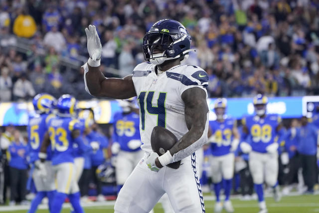 Seattle Seahawks wide receiver DK Metcalf (14) catches the ball for a  touchdown during an NFL football game against the Carolina Panthers,  Sunday, Dec. 11, 2022, in Seattle, WA. The Panthers defeated