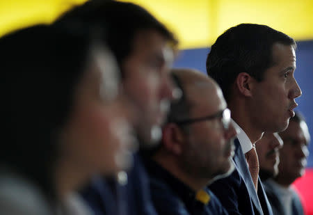 Venezuelan opposition leader Juan Guaido, who many nations have recognised as the country's rightful interim ruler, speaks during a news conference in Caracas, Venezuela May 9, 2019. REUTERS/Ueslei Marcelino