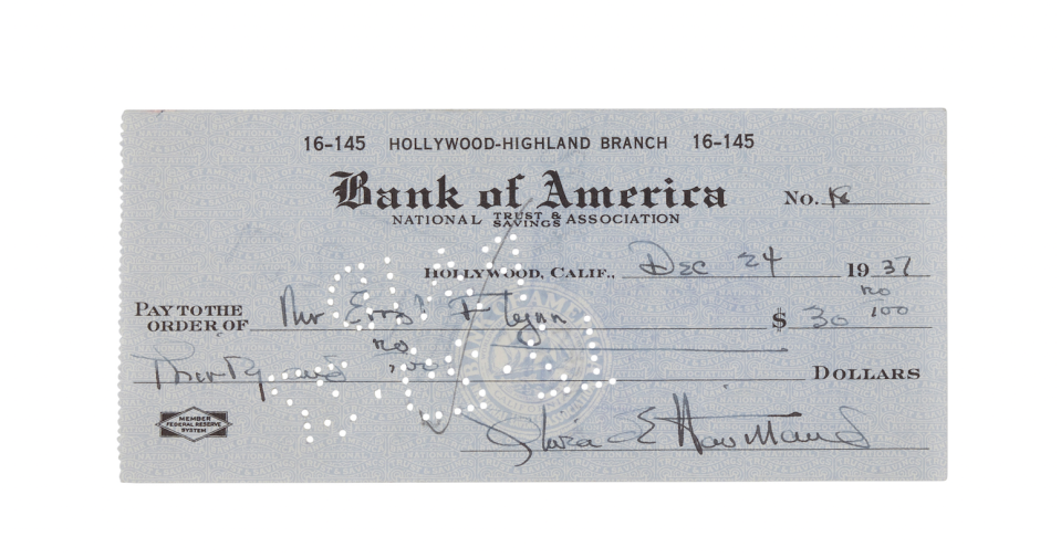 Olivia de Havilland - Bonhams Auction - Personal Check to Errol Flynn - 