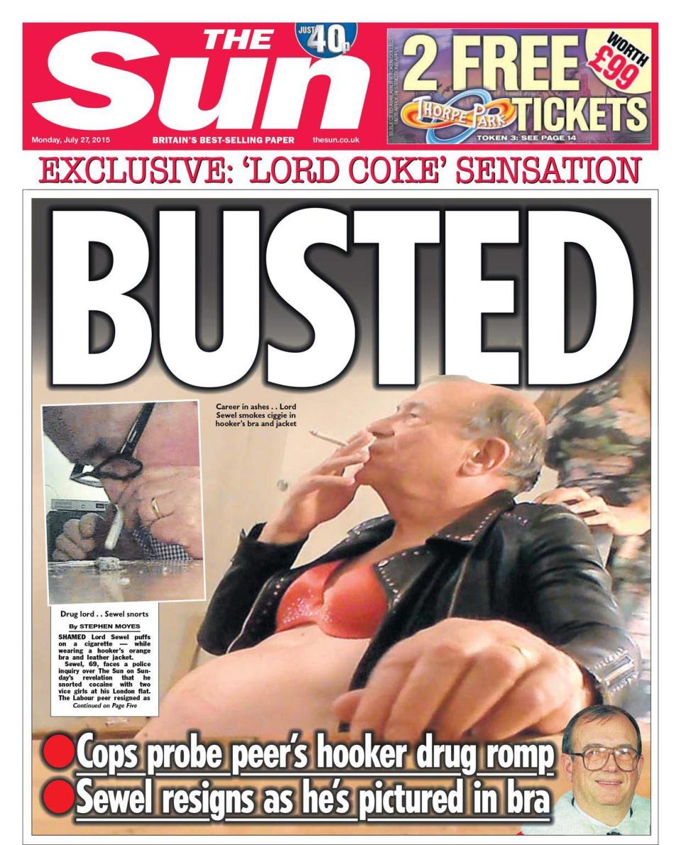 Lord Sewell resigned in 2015 after a drug and prostitution scandal (The Sun)