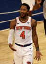 New York Knicks' Derrick Rose reacts after he was called for a foul in the third quarter against the Indiana Pacers during an NBA basketball game Saturday, Feb. 27, 2021, in New York. (Elsa/Pool Photo via AP)