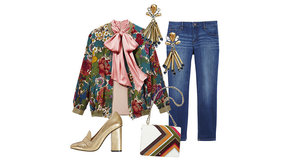 <strong>Jacket,</strong> $50; <a href="http://www.zara.com/us/" target="_blank">Zara.com</a> <br /><strong>Blouse,</strong> Alice + Olivia by Stacey Bendet, $275; <a href="https://www.aliceandolivia.com/black-glynda-high-neck-tank.html" target="_blank">AliceandOlivia.com</a> <br /><strong>Heel,</strong> Aldo, $90; <a href="http://www.aldoshoes.com/us/en_US" target="_blank">AldoShoes.com</a> <br /><strong>Bag,</strong> $475; <a href="https://www.toryburch.com/robinson-multi-stripe-convertible-shoulder-bag/29059.html?cgid=handbags-clutches&amp;start=11&amp;dwvar_29059_color=104" target="_blank">ToryBurch.com</a> <br /><strong>Earrings,</strong> $28; <a href="https://sparklepop.com/collections/earrings/products/matchstick-earrings" target="_blank">SparklePop.com</a> <br /><strong>Jeans,</strong> A.N.A., $50; <a href="http://www.jcpenney.com/ana-skinny-jeans/prod.jump?ppId=pp5005740561&amp;&amp;rrplacementtype=search_page.no_results1" target="_blank">JCPenney.com</a>