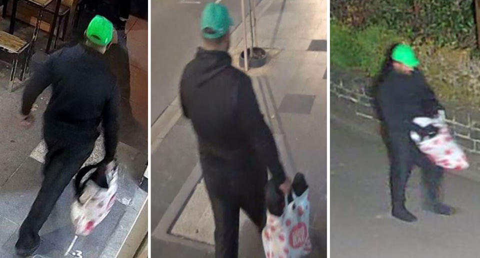 The man was wearing a distinctive green hat and carrying a Coles shopping bag while walking through a Melbourne park.