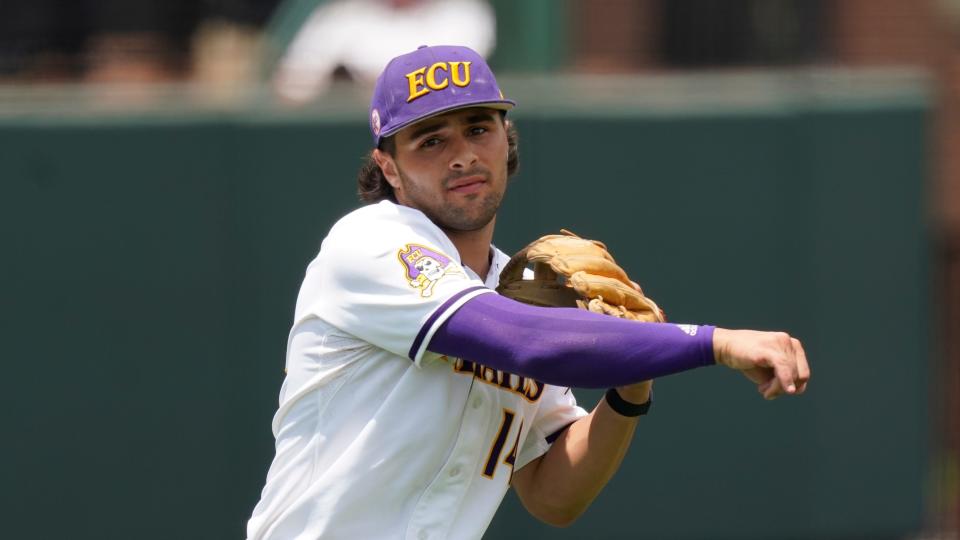 East Carolina's Zach Agnos plays against Vanderbilt during an NCAA college baseball super regional game Saturday, June 12, 2021, in Nashville, Tenn. Vanderbilt won 2-0 to sweep the series and advance to the College World Series. (AP Photo/Mark Humphrey)