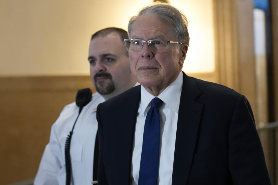 Wayne LaPierre, CEO of the National Rifle Association, arrives to a courtroom in New York, Monday, Jan. 8, 2024. The longtime head of the National Rifle Association is resigning, just before the start of a New York civil trial that's poised to scrutinize his leadership of the powerful gun rights organization. The trial in New York Attorney General Letitia James' lawsuit against the NRA, LaPierre and others who have served as organization executives is scheduled to start this week.(AP Photo/Seth Wenig)