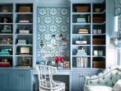 <p>Built-in storage will save you so much space. Opt for floating shelves to put your decor on display and then tuck away unsightly essentials into the cabinets below. A statement wall in paper or color you love will also inspire creativity. We're digging this fun blue print by <a href="https://brookecrewinteriors.com/" rel="nofollow noopener" target="_blank" data-ylk="slk:Brooke Crew;elm:context_link;itc:0;sec:content-canvas" class="link ">Brooke Crew</a>. </p>