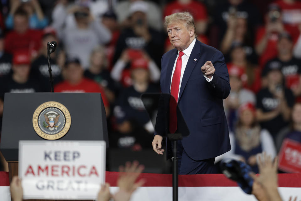 President Donald Trump reacts after speaking during a campaign rally at the Huntington Center, Thursday, Jan. 9, 2020, in Toledo, Ohio. (AP Photo/Tony Dejak)