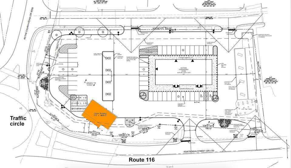 The current footprint of the Hoke House, in orange, is layered on the preliminary land development plan for a rebuilt Rutters in Spring Grove.