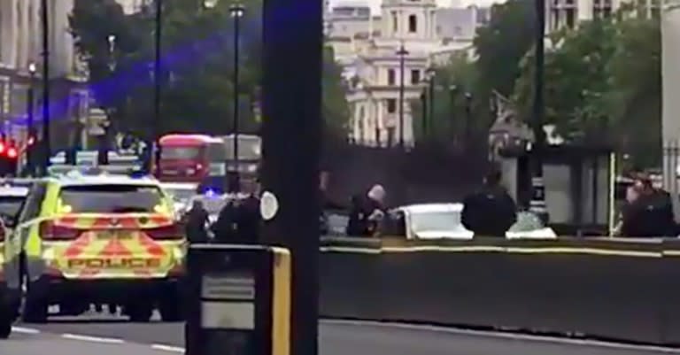 Screen grab taken from a video posted by Twitter user @EwelinaUO shows armed police surrounding a silver car after it crashed into barriers outside the Houses of Parliament in central London on August 14, 2018