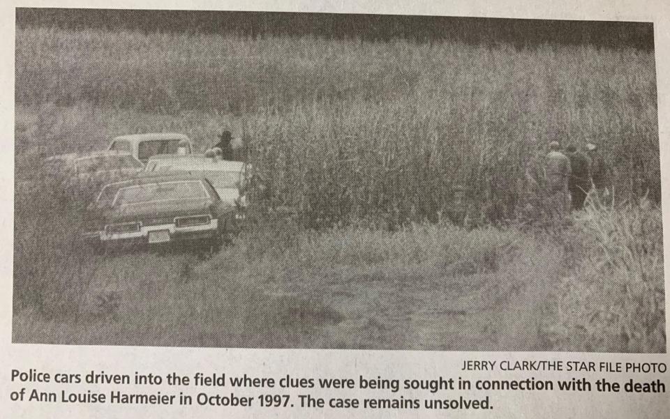 A newspaper clipping showing the Morgan County cornfield where Ann Harmeier’s body was found in October of 1977.