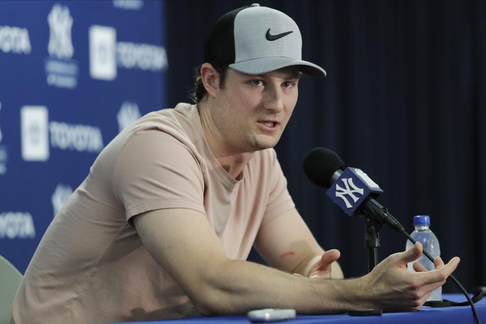 New York Yankees' pitcher Gerrit Cole speaks during a news conference after a spring training baseball workout Thursday, Feb. 13, 2020, in Tampa, Fla. (AP Photo/Frank Franklin II)