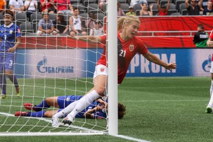 OTTAWA, ON - JUNE 7: Ada Hegerberg #21 of Norway celebrates her second half goal against Thailand during the FIFA Women&#39;s World Cup Canada 2015 Group B match between Norway and Thailand at Lansdowne Stadium on June 7, 2015 in Ottawa, Canada. (Photo by Andre Ringuette/Getty Images)