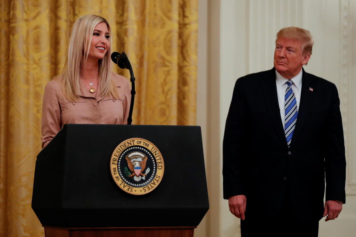 Ivanka Trump and Donald Trump speaking at the White House in 2020.