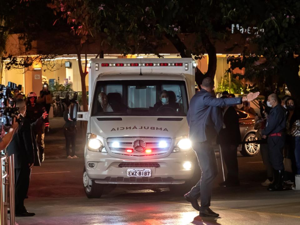 An ambulance transfers the president of Brazil, Jair Bolsonaro, to the Vila Nova Star Hospital, in Sao Paulo, Brazil (Sebastiao Moreira/EPA)