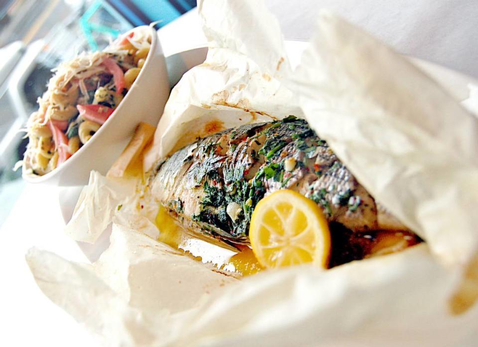 Jax will offer striped bass en papillote with gold potato, green olives and salsa verde.
