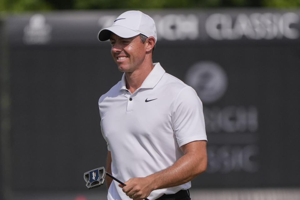 Rory McIlroy, of Northern Ireland, reacts after making birdie on the 16th hole during the final round of the PGA Zurich Classic golf tournament at TPC Louisiana in Avondale, La., Sunday, April 28, 2024. (AP Photo/Gerald Herbert)