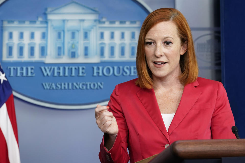 White House press secretary Jen Psaki speaks during the daily briefing at the White House in Washington, Thursday, Aug. 5, 2021. (AP Photo/Susan Walsh)