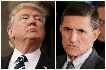 FILE PHOTO: A combination photo shows U.S. President Donald Trump (L), on February 28, 2017, White House National Security Advisor Michael Flynn (C), February 13, 2017. REUTERS/Jim Lo Scalzo/Pool, Carlos Barria/File Photo