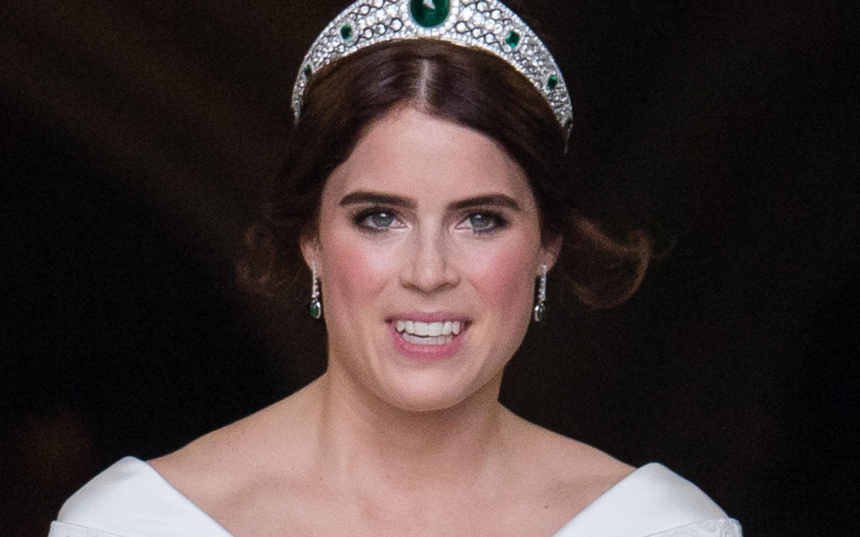 WINDSOR, ENGLAND - OCTOBER 12:  Princess Eugenie of York  leave St George's Chapel after getting married to Jack Brooksbank in Windsor Castle following their wedding at St. George's Chapel on October 12, 2018 in Windsor, England.  (Photo by Pool/Samir Hussein/WireImage)