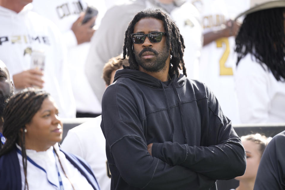 Denver Nuggets forward DeAndre Jordan looks on as Colorado hosts Southern California in the first half of an NCAA college football game, Saturday, Sept. 30, 2023, in Boulder, Colo. (AP Photo/David Zalubowski)