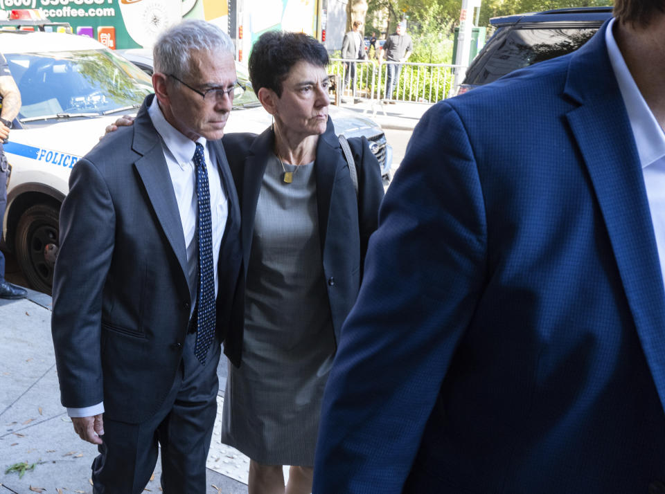 Barbara Fried and Joseph Bankman, parents of FTX founder Sam Bankman-Fried, arrive at a Manhattan federal courthouse as opening arguments begin in the fraud trial of their son Wednesday, Oct. 4, 2023, in New York. (AP Photo/Craig Ruttle)