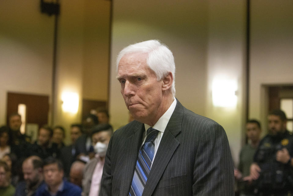 San Mateo County District Attorney Steve Wagstaffe looks ahead during the arraignment of Chunli Zhao at San Mateo Superior Court in Redwood City, Calif., on Wednesday, Jan. 25, 2023. Zhao, a farmworker accused of killing seven people in back-to-back shootings at two Northern California mushroom farms was charged Wednesday with seven counts of murder and one of attempted murder. Zhao, 66, made his first court appearance. (Shae Hammond/Bay Area News Group via AP, Pool)