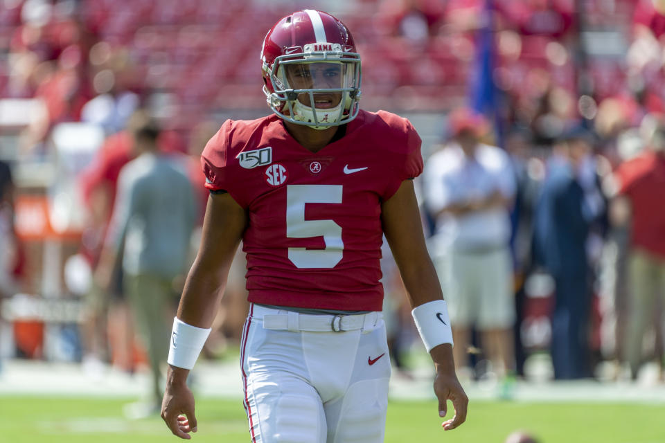 FILE - In this Sept. 28, 2019, file photo, then-Alabama quarterback Taulia Tagovailoa (5) is shown before an NCAA college football game against Mississippi in Tuscaloosa, Ala. Maryland senior quarterback Josh Jackson has opted out of the upcoming football season, coach Michael Locksley said during a teleconference Friday, Aug. 7, 2020. With Jackson out, Locksley is hoping the NCAA will grant a transfer waiver to former Alabama quarterback Taulia Tagovailoa, the younger brother of Tua Tagovailoa, who starred at Alabama and was selected fifth over in the 2020 NFL draft. (AP Photo/Vasha Hunt, File)