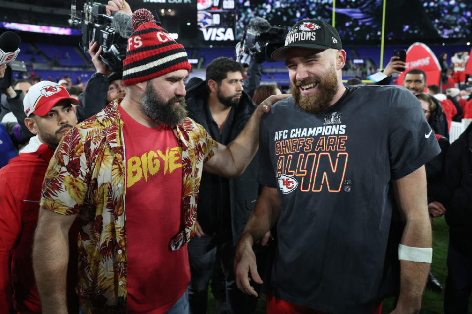 BALTIMORE, MARYLAND - JANUARY 28: Travis Kelce #87 of the Kansas City Chiefs celebrates with his brother Jason Kelce after a 17-10 victory against the Baltimore Ravens in the AFC Championship Game at M&T Bank Stadium on January 28, 2024 in Baltimore, Maryland. (Photo by Patrick Smith/Getty Images)