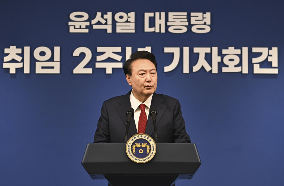 South Korean President Yoon Suk Yeol attends a press conference marking his second year in office at the presidential office in Seoul, South Korea Thursday, May 9, 2024. (Song Kyung-seok/Pool Photo via AP)