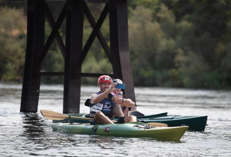 Daryl Ganas of Rancho Cordova takes a selfie on his kayak as he starts the last leg of the Great American Triathlon on Saturday, July 20, 2024.