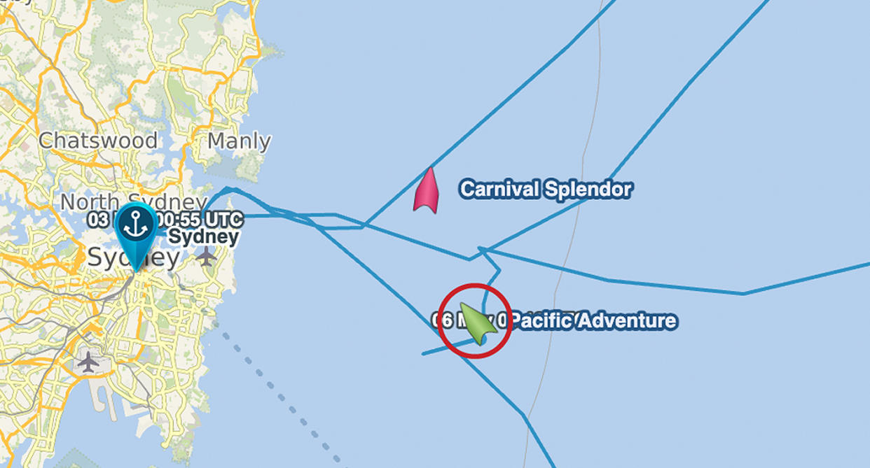 Tracker showing the Carnival Splendour and the P&O Pacific Adventure circling off Sydney.