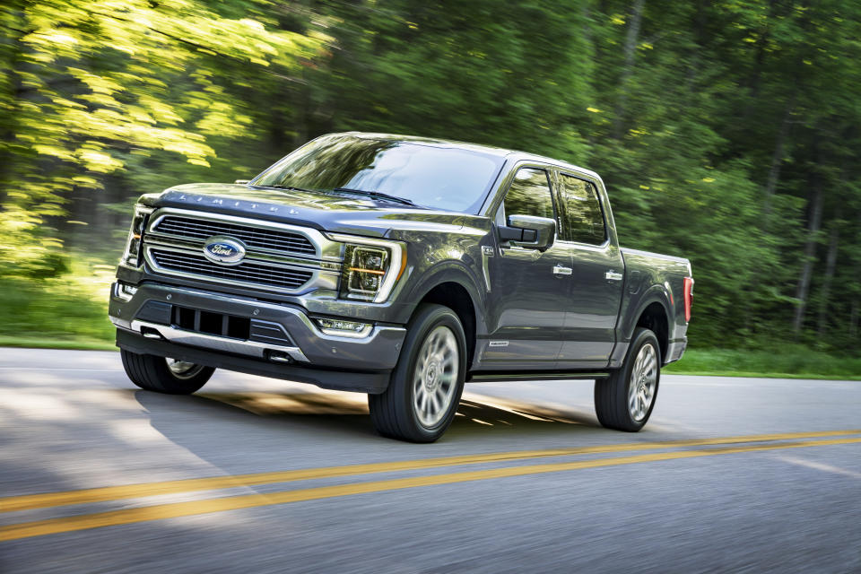 This photo provided by Ford Motor Co. shows the 2021 Ford F-150, a light-duty pickup truck with an upgraded interior, plus available hybrid and onboard generator options. (Ford Motor Co. via AP)