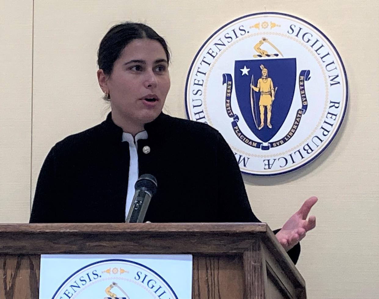 Claire Teylouni, of Reproductive Equity Now, testifies in favor of banning cell phone location data at a hearing Wednesday, Jan. 17, as a way to protect vulnerable Massachusetts residents and those seeking reproductive health care.