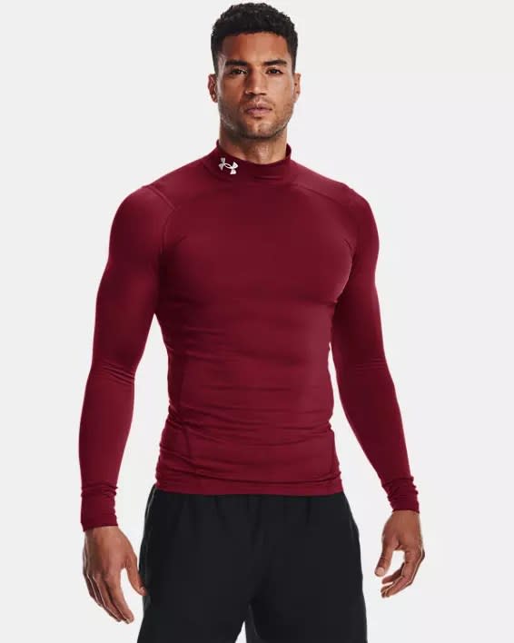 model wearing dark red thermal long sleeve shirt with black pants