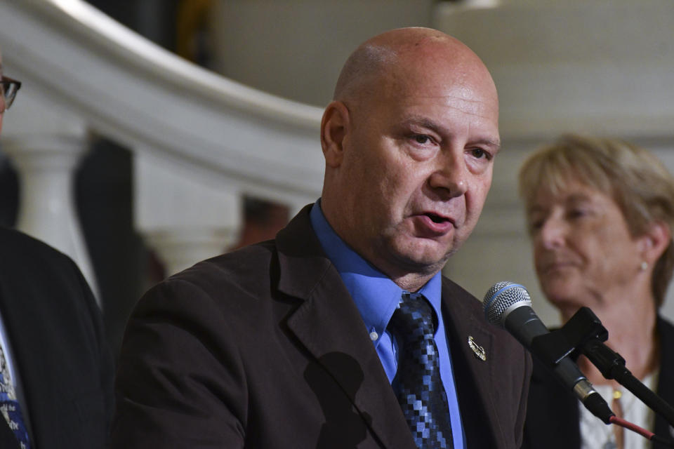 FILE - Doug Mastriano, the Republican gubernatorial nominee in Pennsylvania, speaks at an event at the state Capitol in Harrisburg, Pa., July 1, 2022. In one of the nation's most important swing states, Pennsylvania Republicans nominated Mastriano as their nominee for governor, even after learning about his leading role in Donald Trump's push to overturn the 2020 election. (AP Photo/Marc Levy, File)