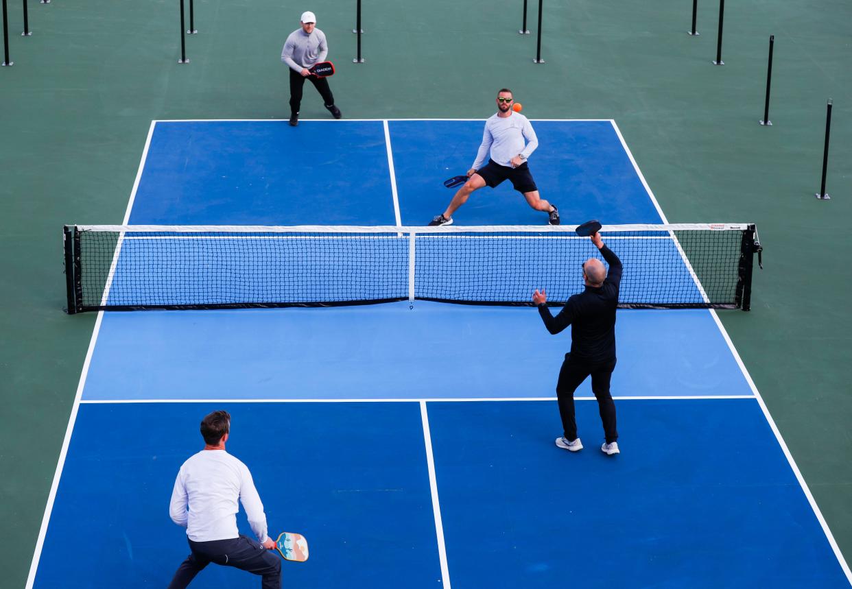 Pickleball courts are available at Goodbounce Pickleball Yard on River Shore Drive off River Road in Louisville. The establishment opened Monday. Pickleball is played like tennis but the court is the size of a doubles badminton court. Pickleball was invented in 1965 as a children't game in Washington state but since then has become one of the fastest-growing sports. April 17, 2023