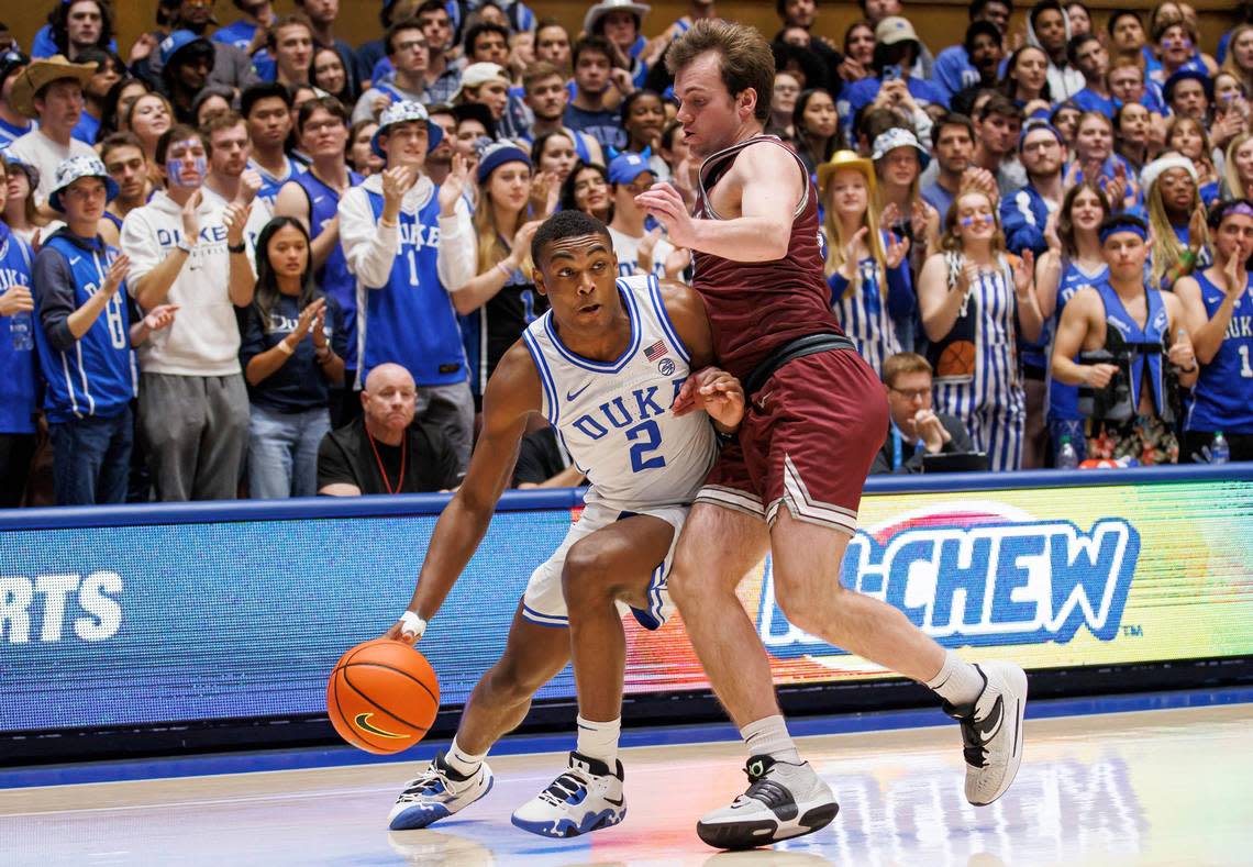 Bellarmine’s Ben Johnson, right, the former Lexington Catholic High School star, guarded Duke’s Jaylen Blakes (2) during the Knights’ 74-57 loss to the Blue Devils in Cameron Indoor Stadium on Monday night.