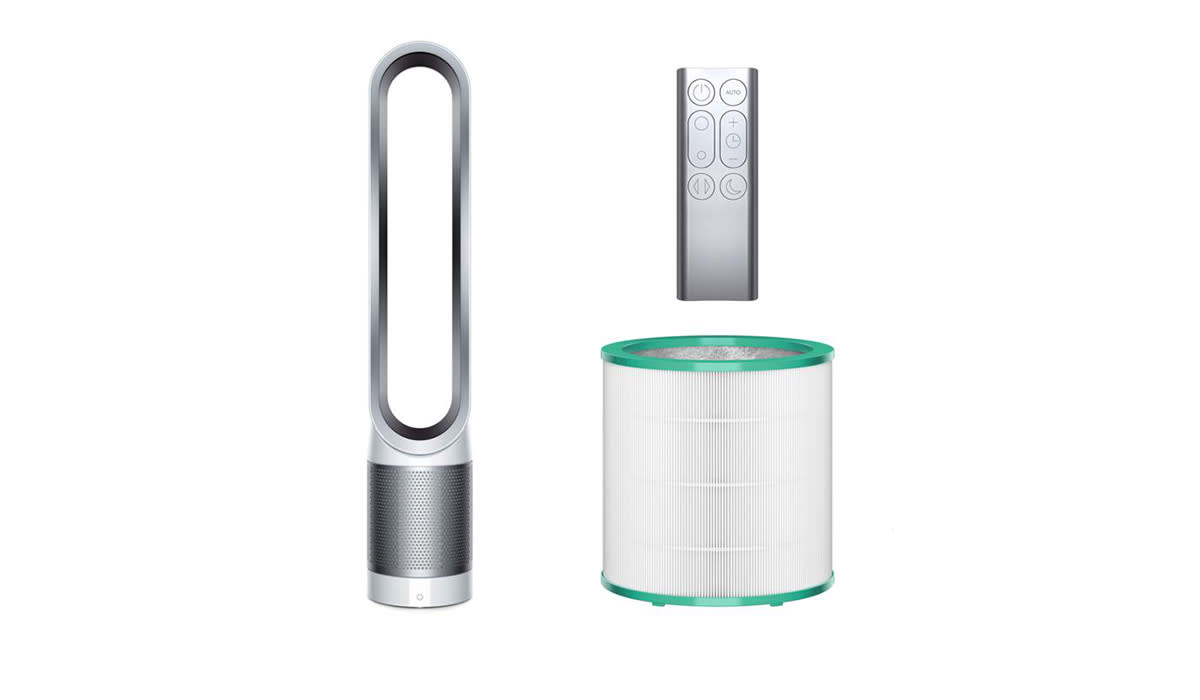 Dyson Pure Link fan and air purifier shown next to accompanying remote and filter