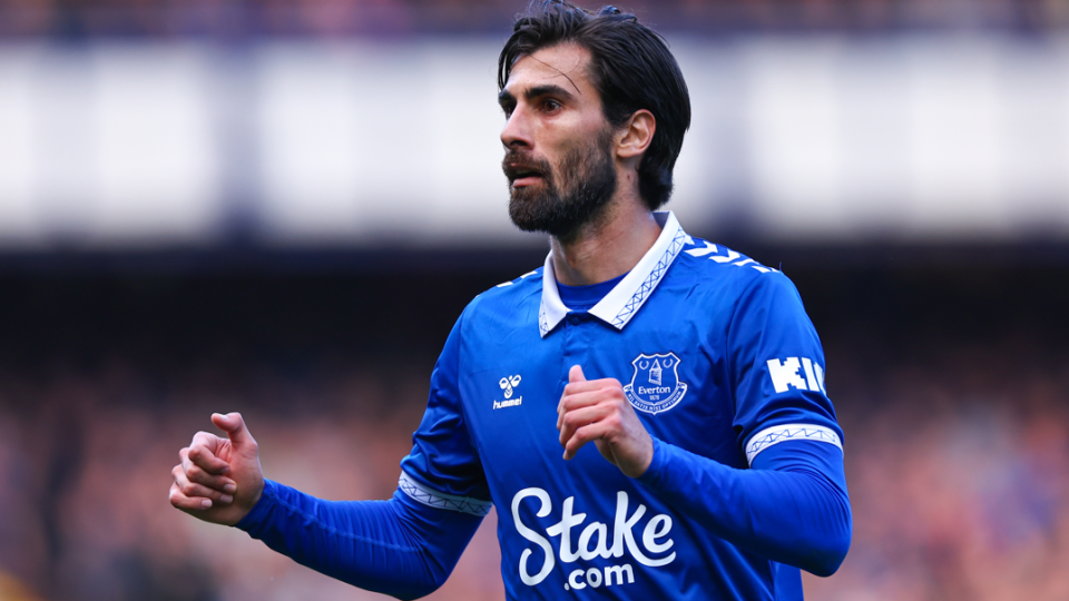 Andre Gomes in action for Everton against Burnley in the Premier League in 2023-24