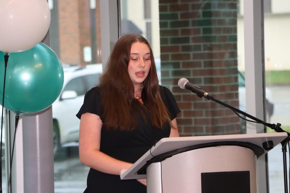 Megan Millsaps, Bessemer City High School's 2024 Star Student, introduces her star teacher Katie Pasour Brotherton at a ceremony held on April 11, 2024.