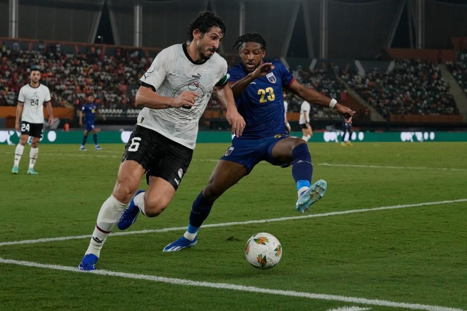 Cape Verde's Steven Moreira, right, challenges Egypt's Ahmed Hegazi during the African Cup of Nations on Jan. 22.