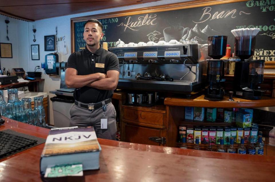 Ruben Ramirez, 23, works in the coffee bar and helps serve customers earlier this month at The Rustic Table Restaurant in Emigrant Gap. Ramirez entered the drug-alcohol recovery program almost three years ago and decided to stay on after graduation.